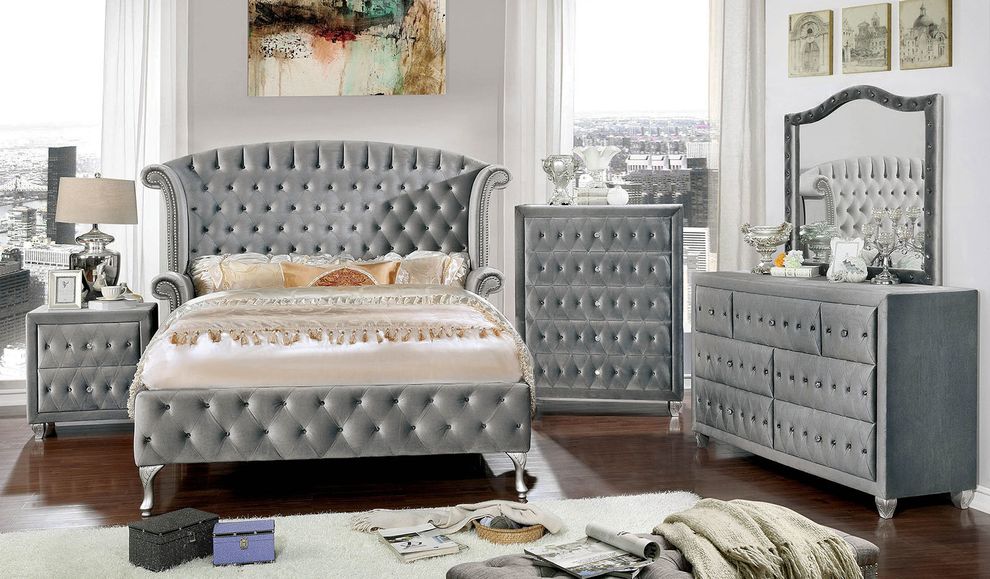 Flannelette fabric tufted modern bed in gray by Furniture of America