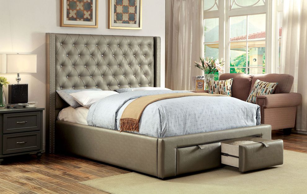 Champagne padded leatherette king bed w/ drawers by Furniture of America
