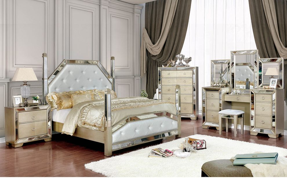 Glam style mirrored panel champagne king bed by Furniture of America