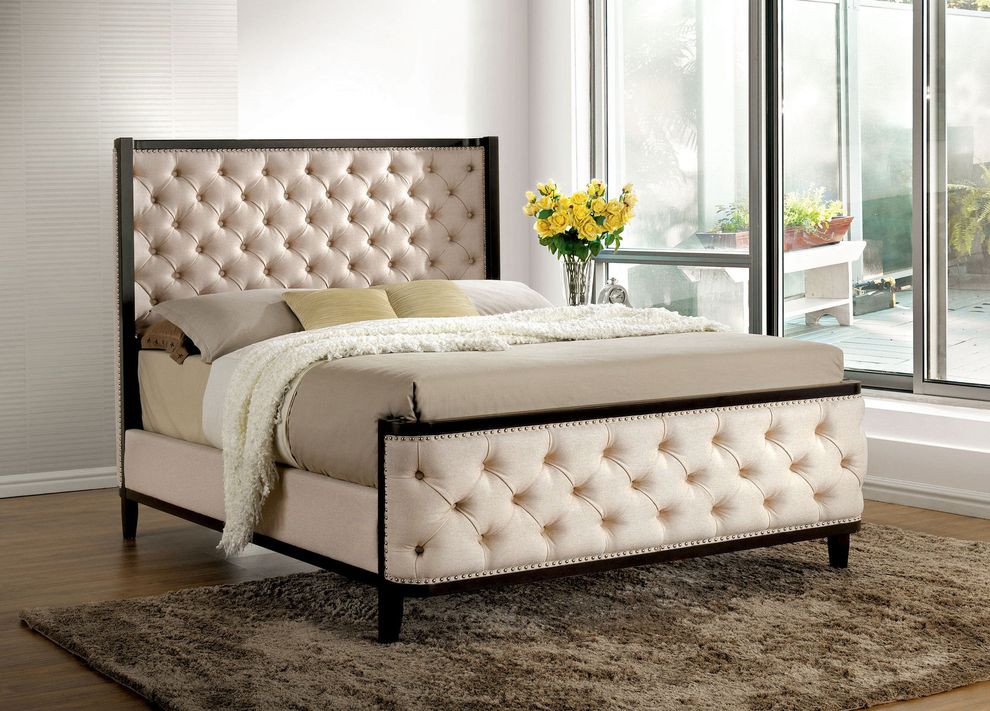 Wingback design ivory fabric king size bed by Furniture of America