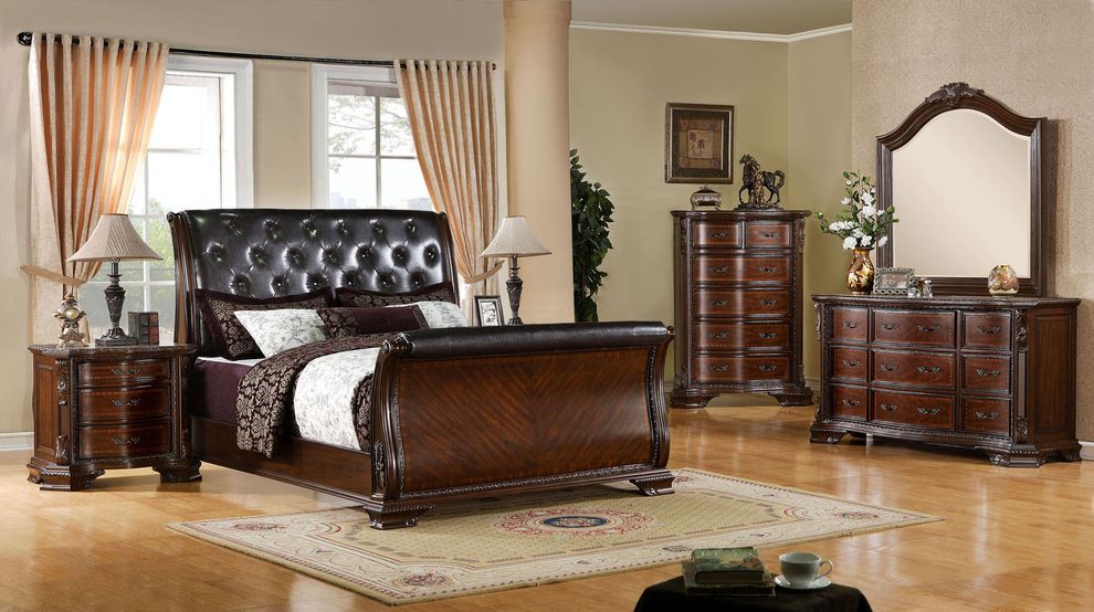 Traditional style sleigh king bed in brown cherry by Furniture of America