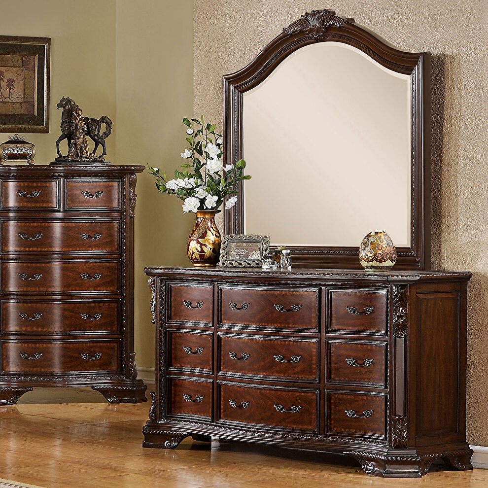 Brown cherry finish and antique brass handles dresser by Furniture of America