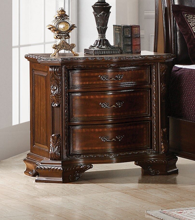 Brown cherry finish and antique brass handles nightstand by Furniture of America