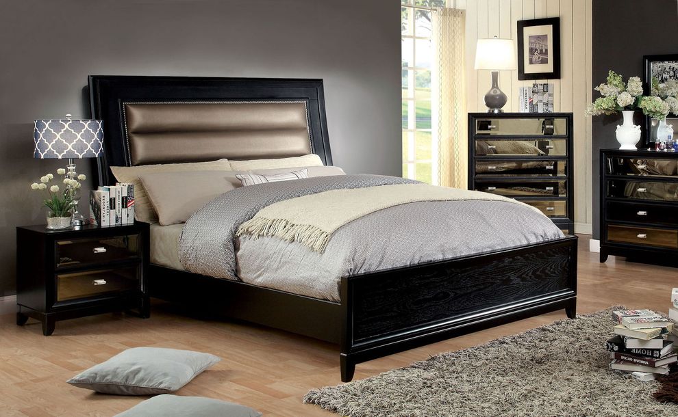 Contemporary black king bed w/ mirrored case goods by Furniture of America