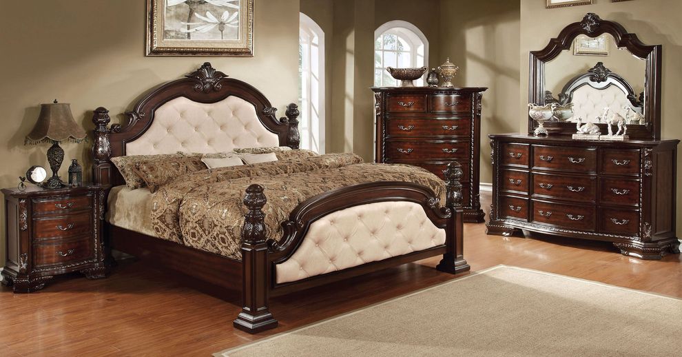Poster king bed with ivory tufted headboard by Furniture of America