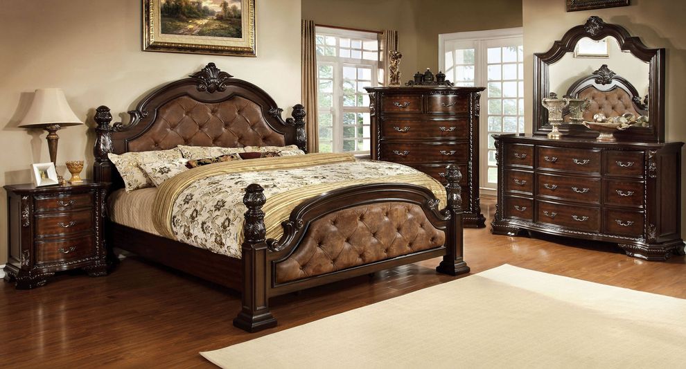 Poster king bed with dark brown tufted headboard by Furniture of America