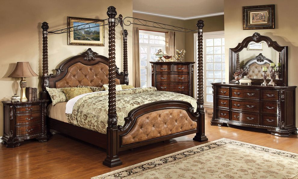 Canopy king bed with dark brown tufted headboard by Furniture of America