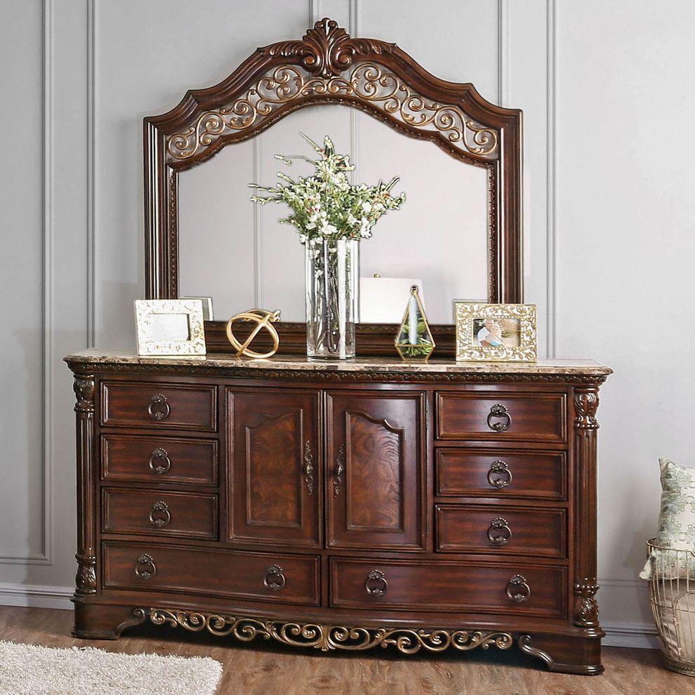 Brown cherry genuine marble top dresser by Furniture of America