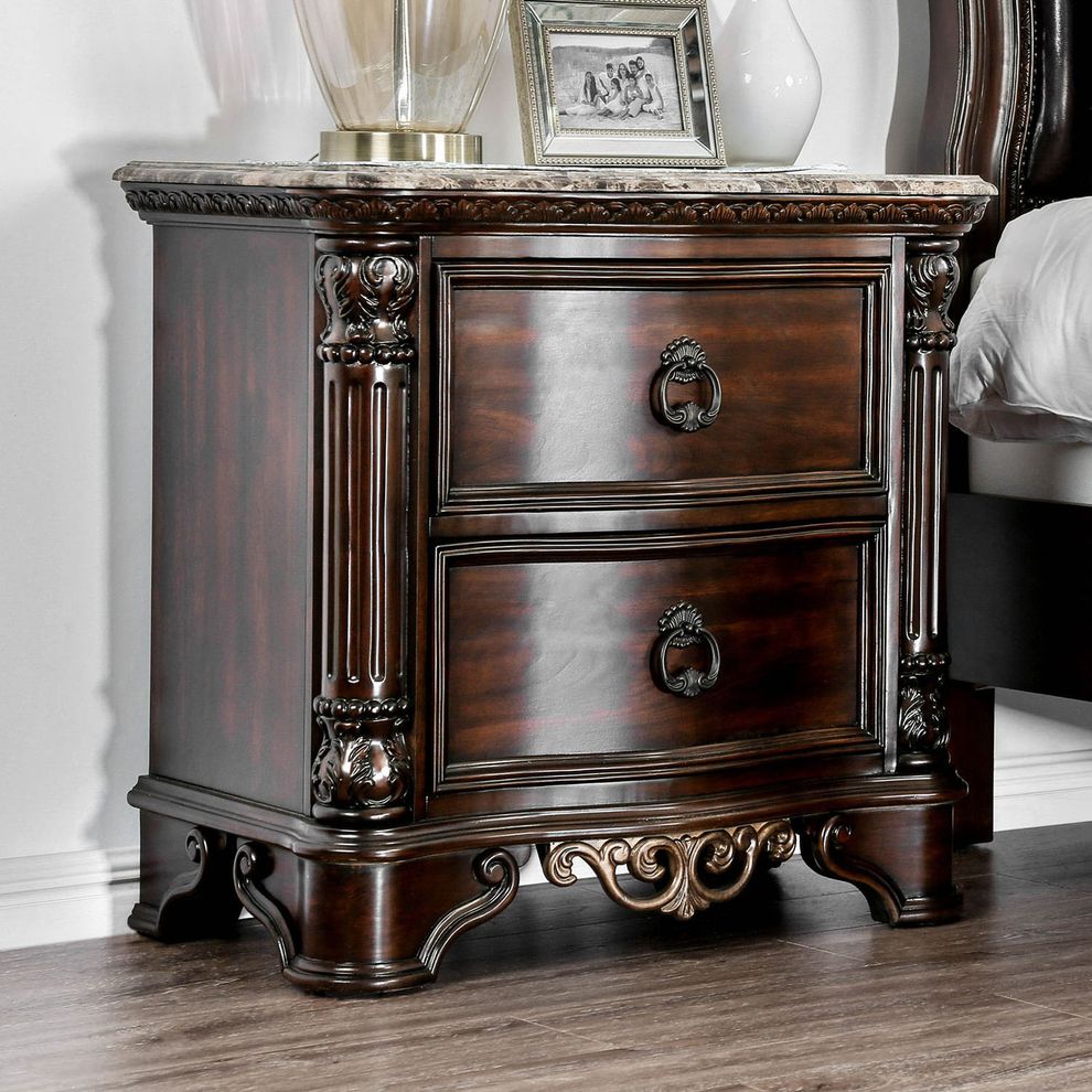 Brown cherry genuine marble top nightstand by Furniture of America