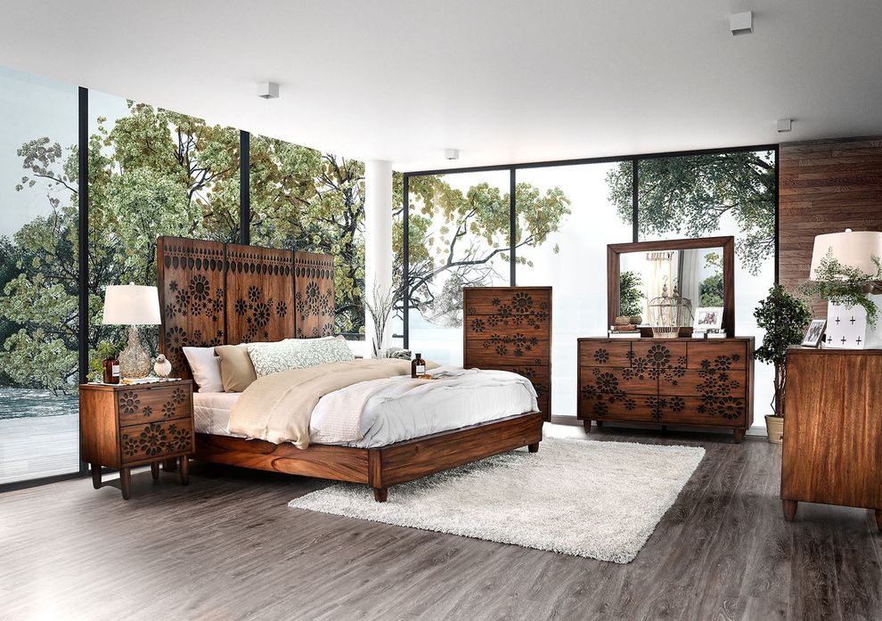 Burned wood design dark oak transitional king bed by Furniture of America
