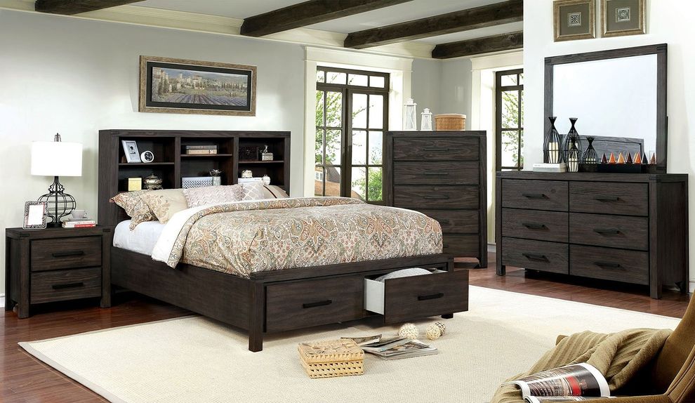 Bookcase storage headboard rustic style bed by Furniture of America