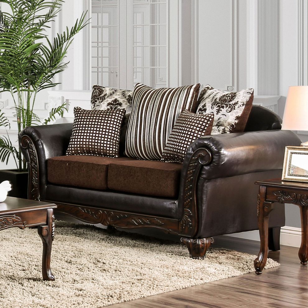 Leatherette/chenille brown US-made loveseat by Furniture of America