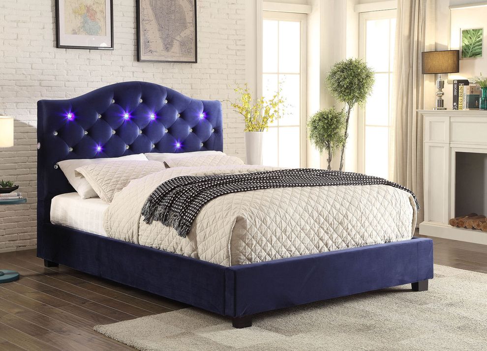 Contemporary flannelette fabric navy bed w/ LED by Furniture of America