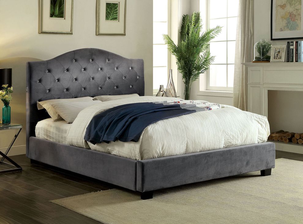 Contemporary flannelette fabric gray bed w/ LED by Furniture of America