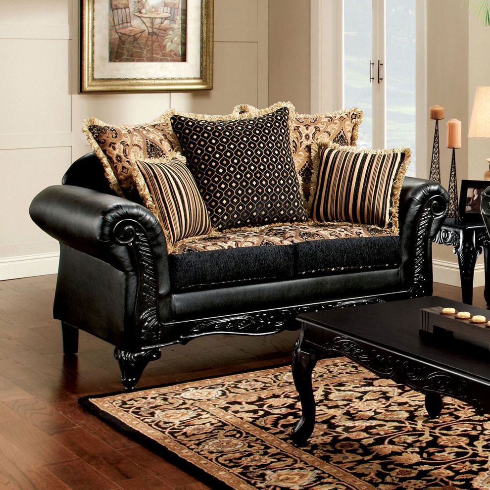 Amazing black/tan chenille fabric classic loveseat by Furniture of America