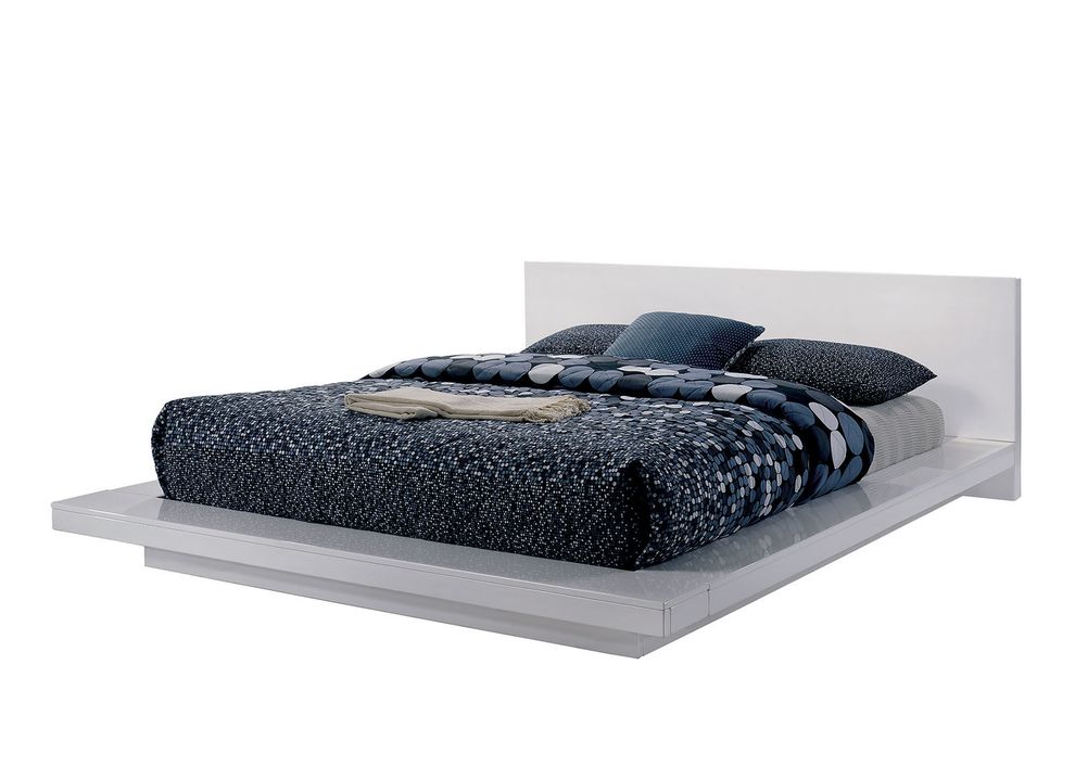 White minimalist low-profile modern king bed by Furniture of America