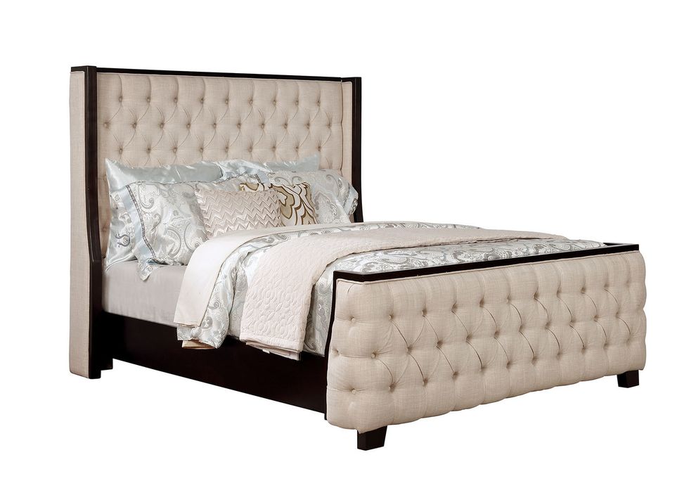 Beige linen wingback design transitional king bed by Furniture of America