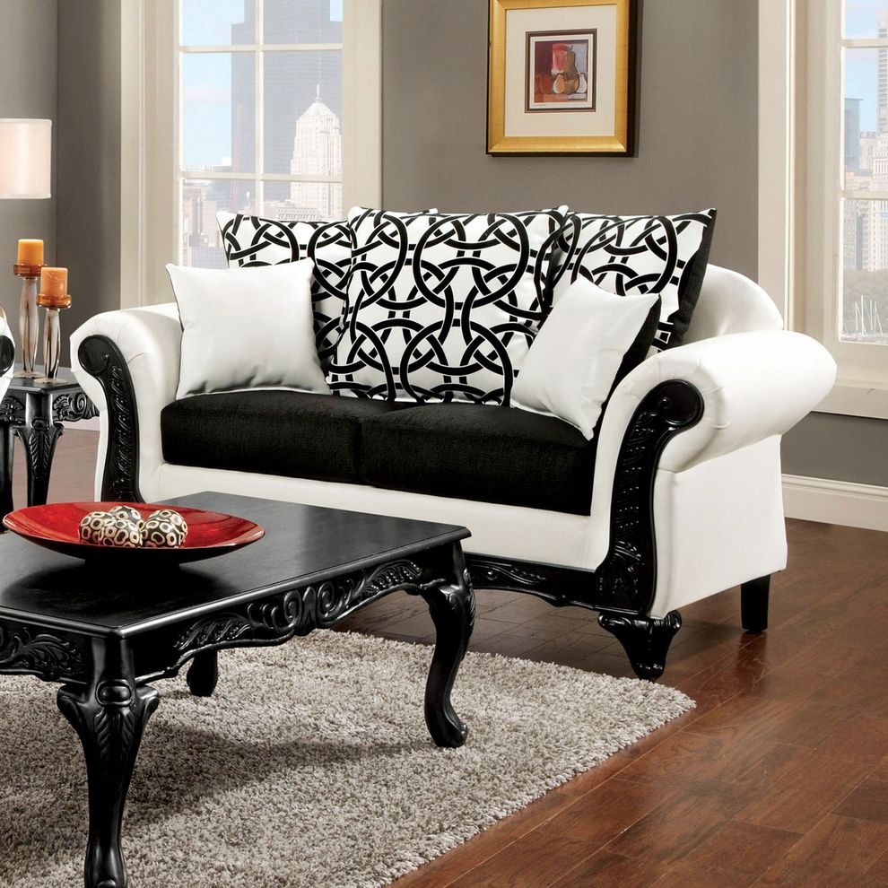 Transitional style rolled arms black/white loveseat by Furniture of America