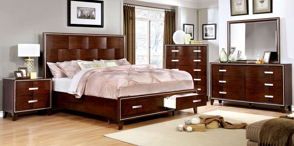 Brown cherry finish king bed w/ footboard drawers by Furniture of America