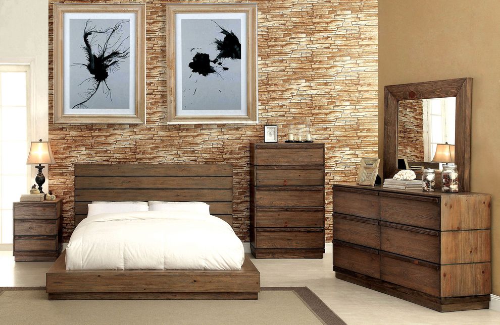 Rustic modern style low-profile king size bed by Furniture of America