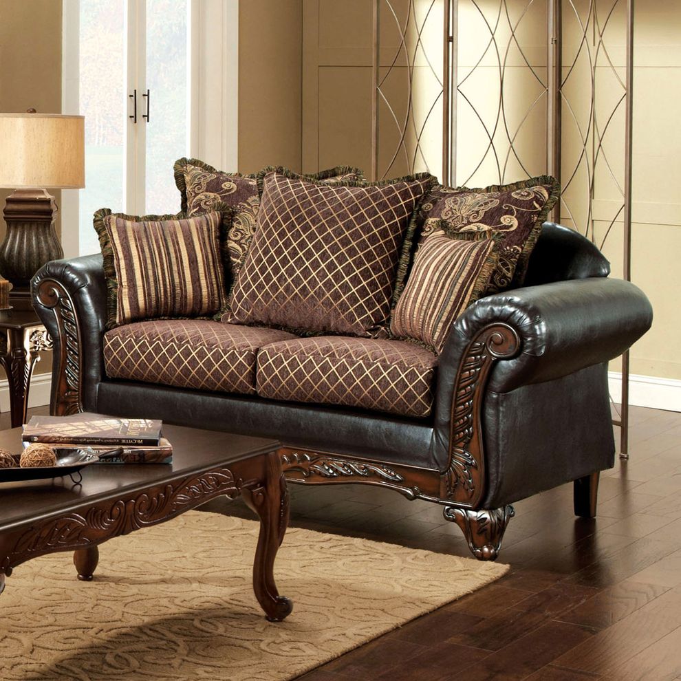 Traditional style wood trim loveseat in gold/brown fabric by Furniture of America
