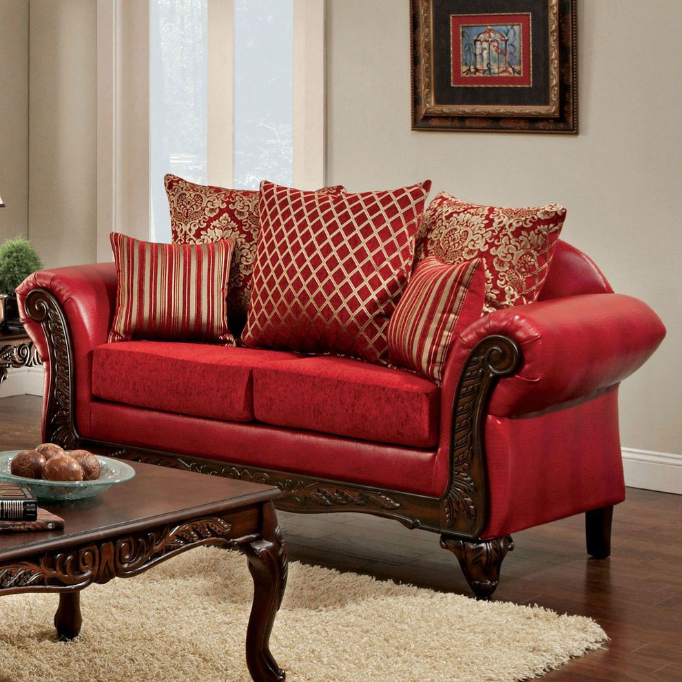 Casual red fabric/leather loveseat w/ rolled arms by Furniture of America