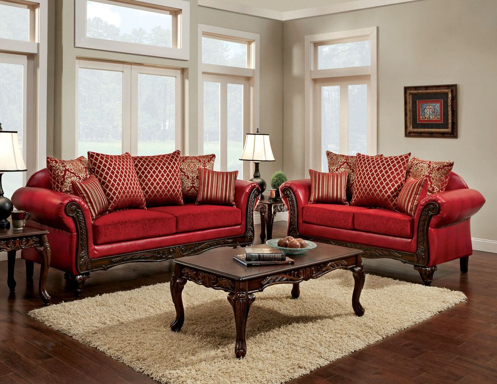 Casual red fabric/leather sofa w/ rolled arms by Furniture of America