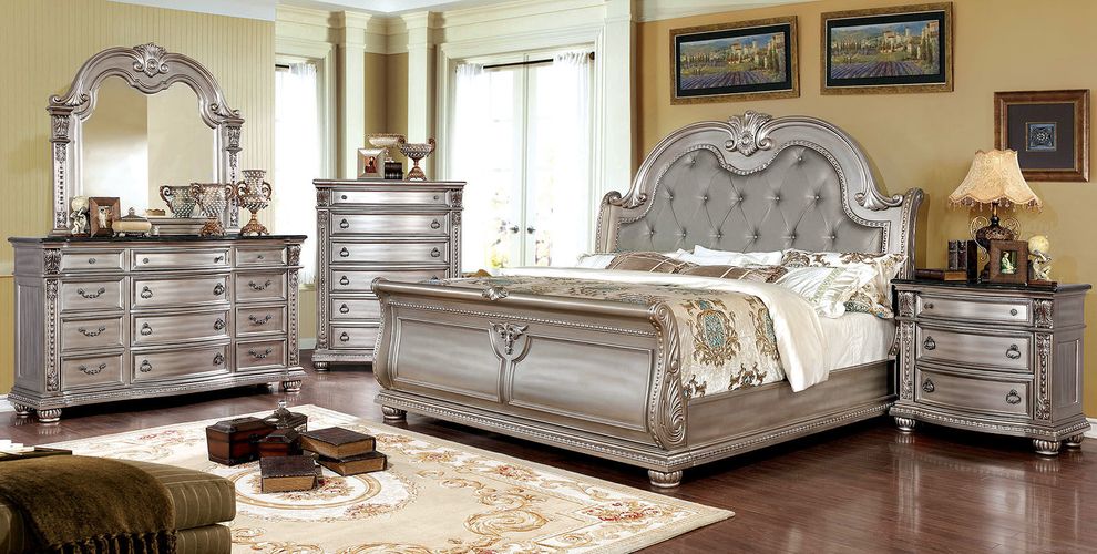 Classic champagne king bed with high tufted headboard by Furniture of America