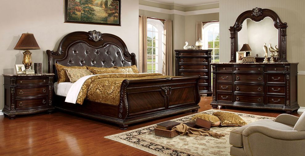 Brown cherry king bed with high tufted headboard by Furniture of America