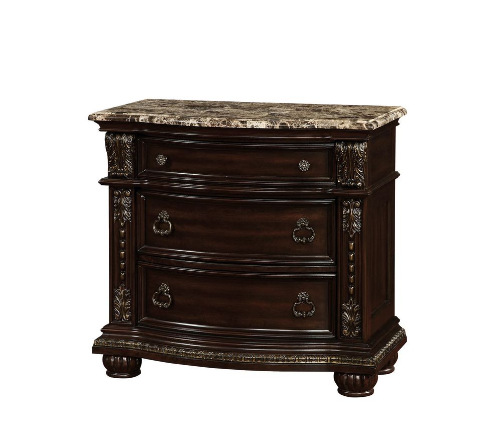 Brown cherry nightstand w/ marble top by Furniture of America