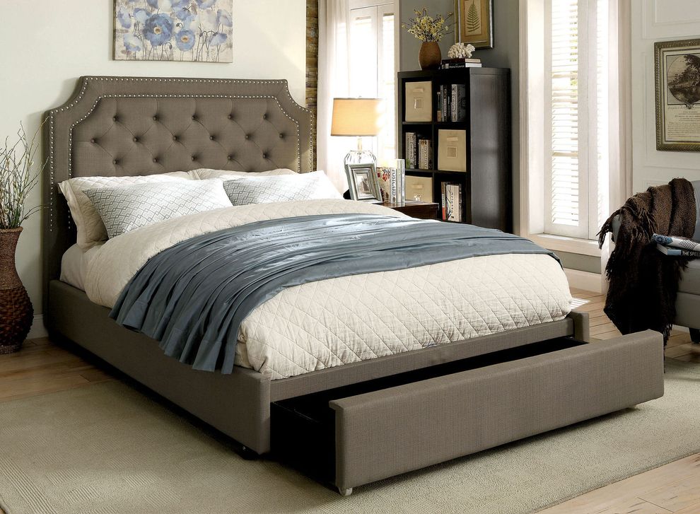 Gray linen-like fabric king platform bed w/ storage by Furniture of America