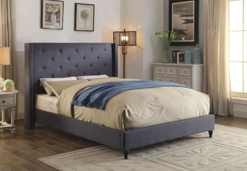 Blue linen-like fabric simple full size platform bed by Furniture of America