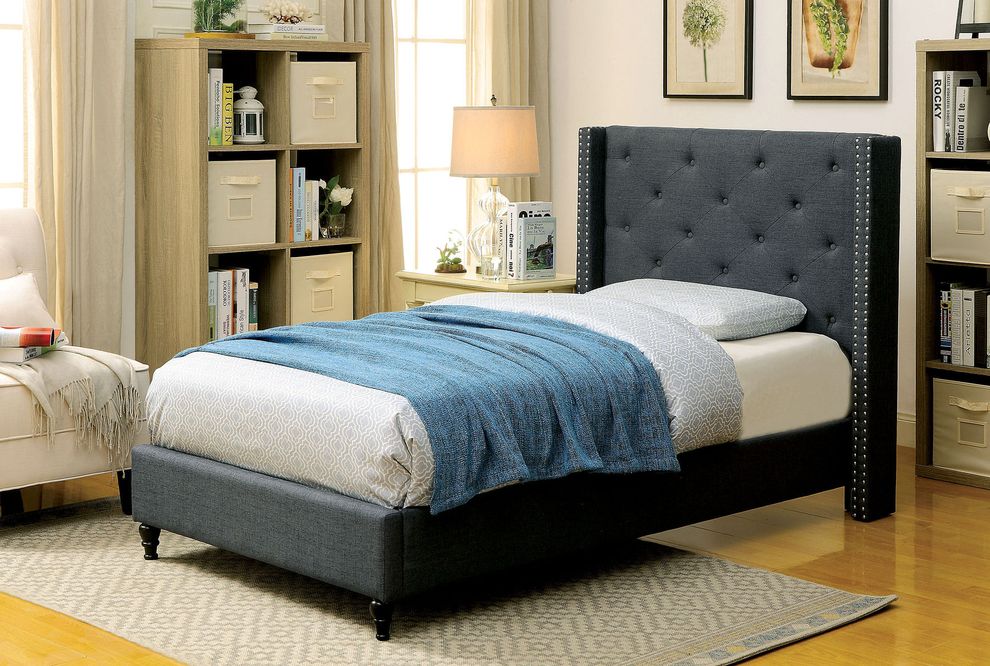 Blue linen-like fabric simple twin platform bed by Furniture of America