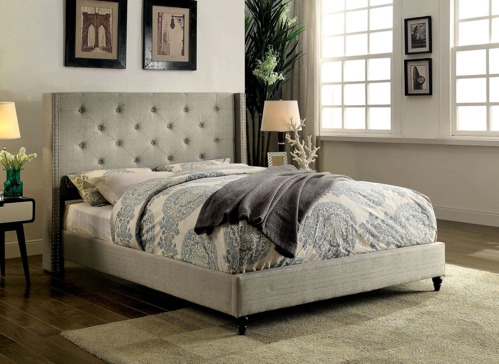 Gray linen-like fabric simple full platform bed by Furniture of America