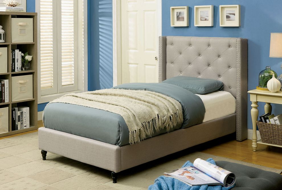 Gray linen-like fabric simple twin platform bed by Furniture of America