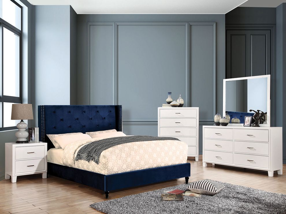 Navy linen-like fabric simple platform bed by Furniture of America