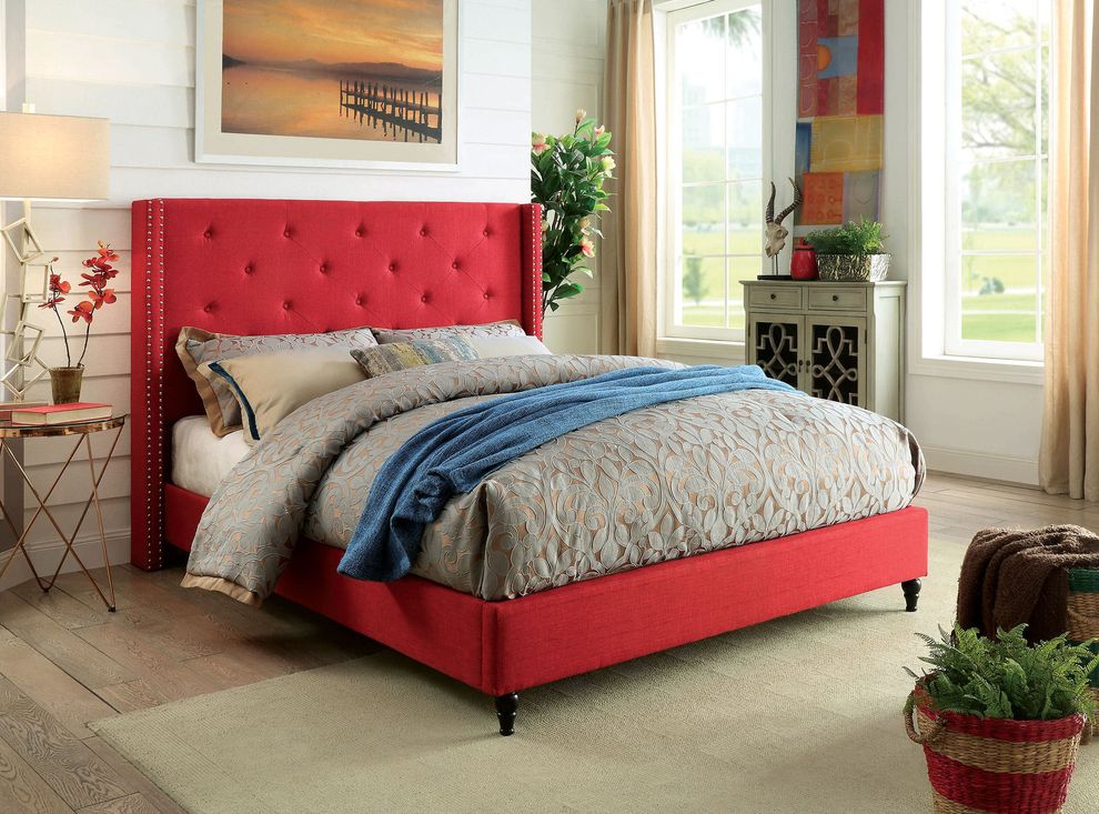 Red linen-like fabric simple platform bed by Furniture of America