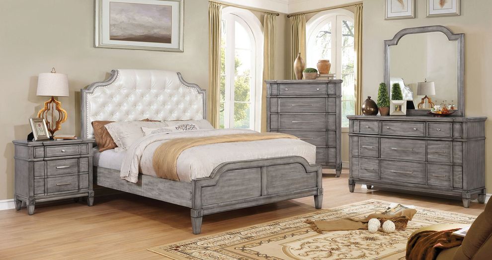 Padded leatherette headboard gray finish bed by Furniture of America