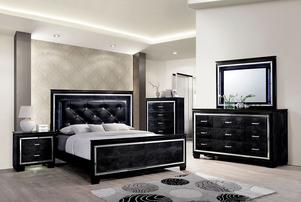 Black crocodile leatherette modern king bed by Furniture of America