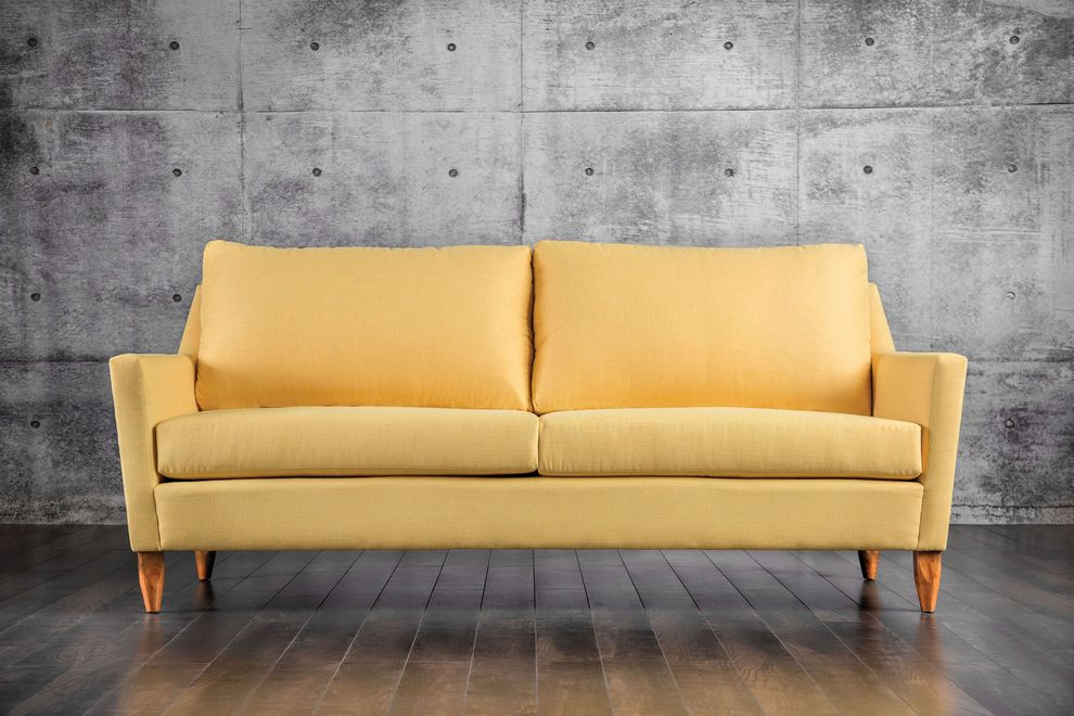 US-made yellow fabric mid-century style sofa by Furniture of America
