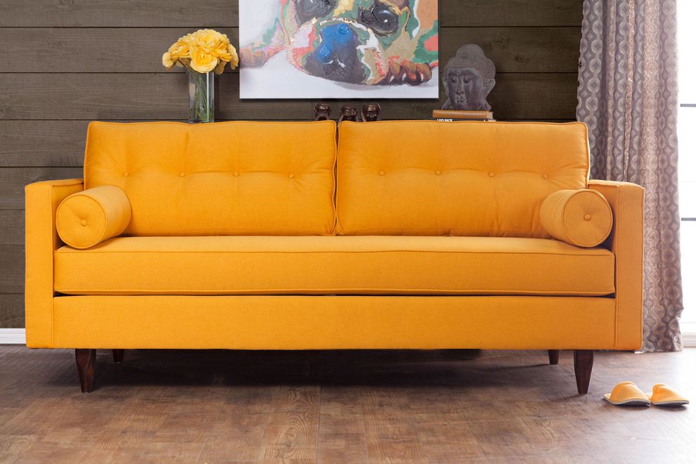 Yellow fabric sofa with rolled side pillows by Furniture of America