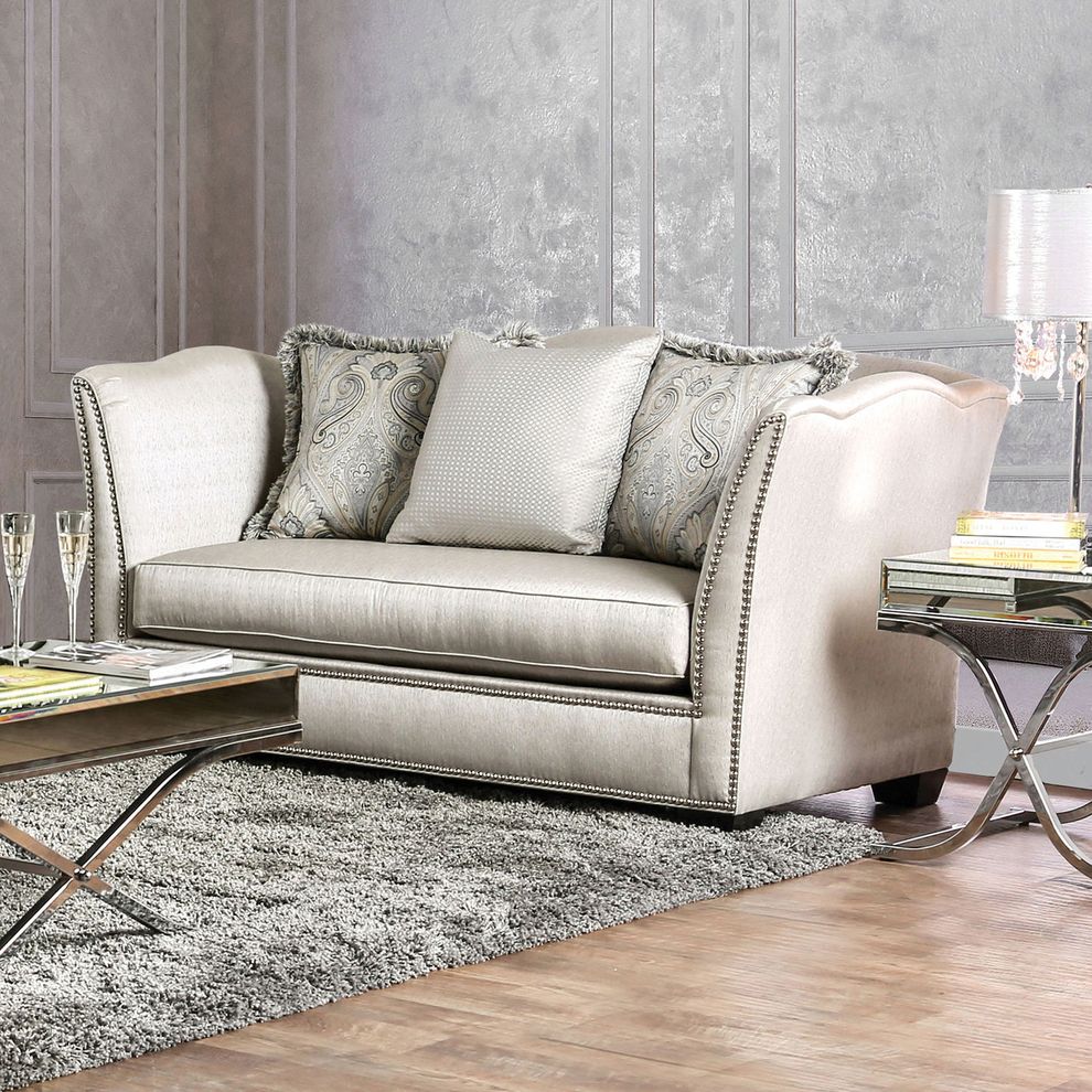 Silky cream glam style fabric loveseat by Furniture of America