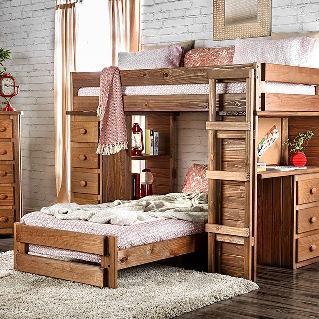 Twin/twin loft kids bed all-in-one design in mahogany finish by Furniture of America