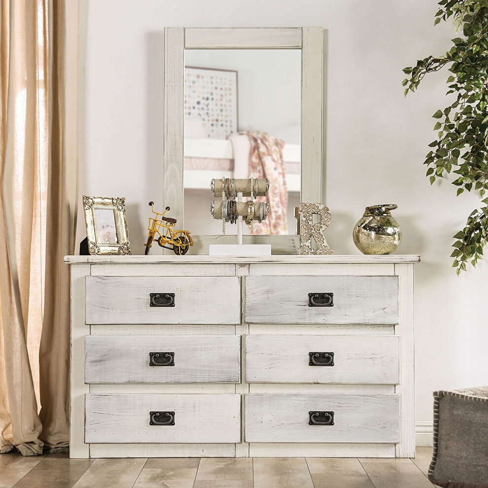 Wire-brushed white american pine wood construction dresser by Furniture of America