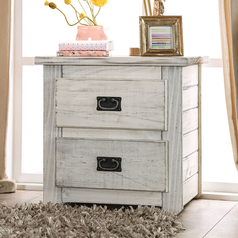 Wire-brushed white american pine wood construction nightstand by Furniture of America