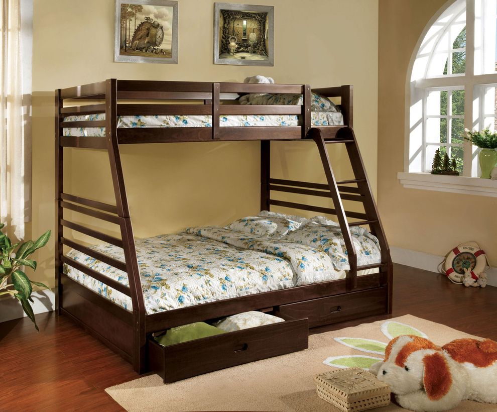 Twin/full bunk kids bed w/ 2 drawers in walnut by Furniture of America