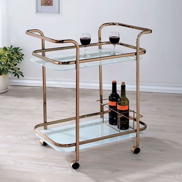 Champagne finish contemporary serving cart w frosted glass by Furniture of America