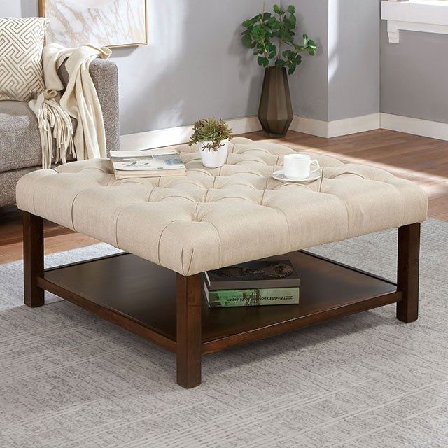 Walnut/ beige padded seat transitional square ottoman by Furniture of America