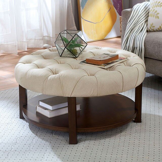 Walnut/ beige padded seat transitional round ottoman by Furniture of America