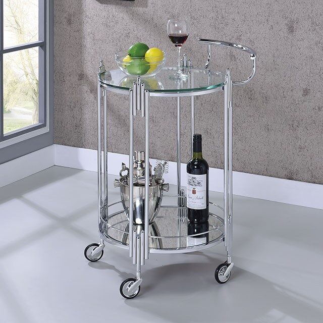 Chrome transitional serving cart in round shape by Furniture of America